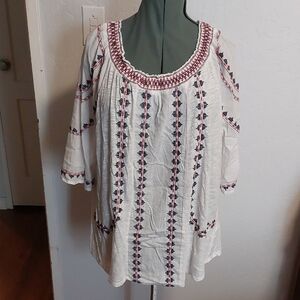 Lucky Brand White, Red, and Blue Embroidered Shirt